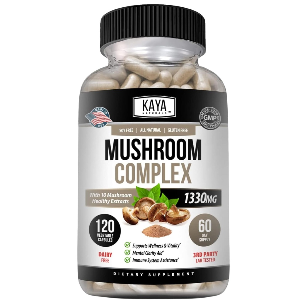 Kaya Naturals Premium Mushroom Complex Potent - Mushroom Supplement - Mushroom Complex Capsules 1995mg Per Serving - Aids Mental Clarity Ondersteunt Immune System, Wellness & Vitality - 120 Tel.