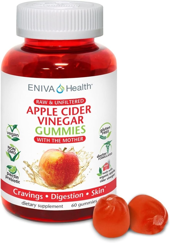 Eniva Santé vinaigre de cidre de pomme Gourmet Gummy Vitamines 60 Ct USDA ACV biologique végétalien sans gluten non-OGM avec la mère B9 B12 root grenade énergie Curb Cravates de détox nettoyage immunité