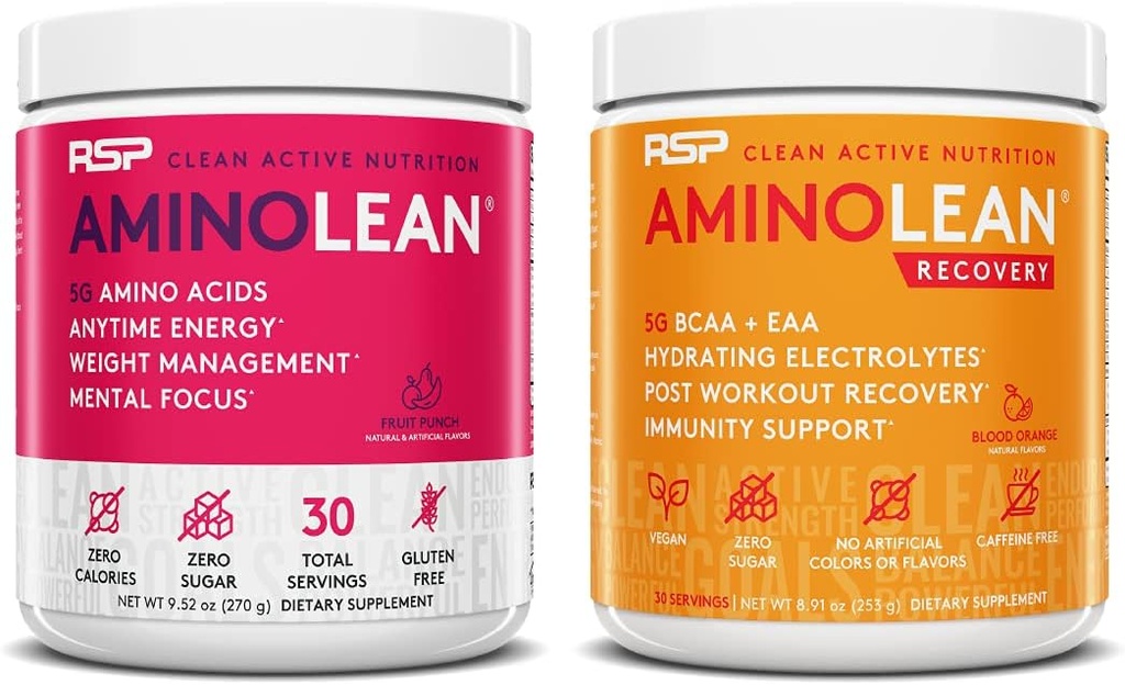 RSP NUTRITION AminoLean Pre Workout Energy (Fruit Punch 30 Servers) met AminoLean Recovery Post Workout Boost (Blood Orange 30 Servers)
