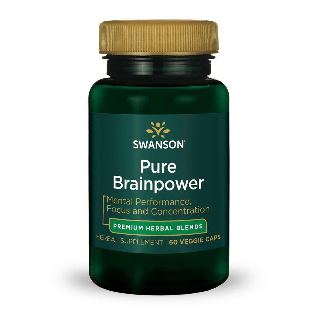 Swanson Pure Brainpower Cerveau Santé Mémoire cognitive Focus Soutien Facteur neurotrophique dérivé du cerveau (BDNF) Supplément à base de plantes (Ginkgo Biloba, Bacopa Monnieri) 60 Capsules de Veggie (Veg Caps) Vegan