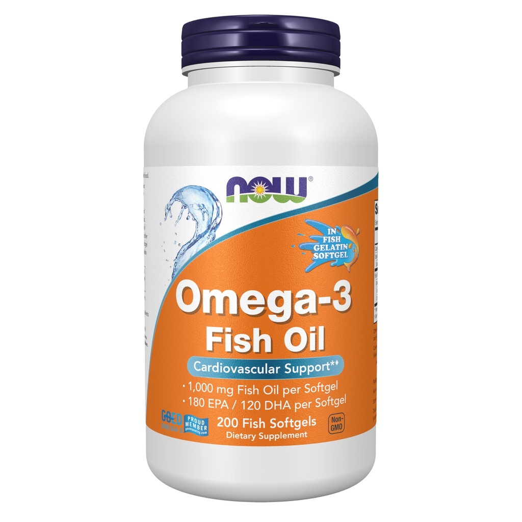 MAINTENANT compléments alimentaires, Omega-3 180 EPA / 120 DHA, Distillé moléculairement, support cardiovasculaire*, gélatine de 200 poissons Softgels, l'emballage peut varier