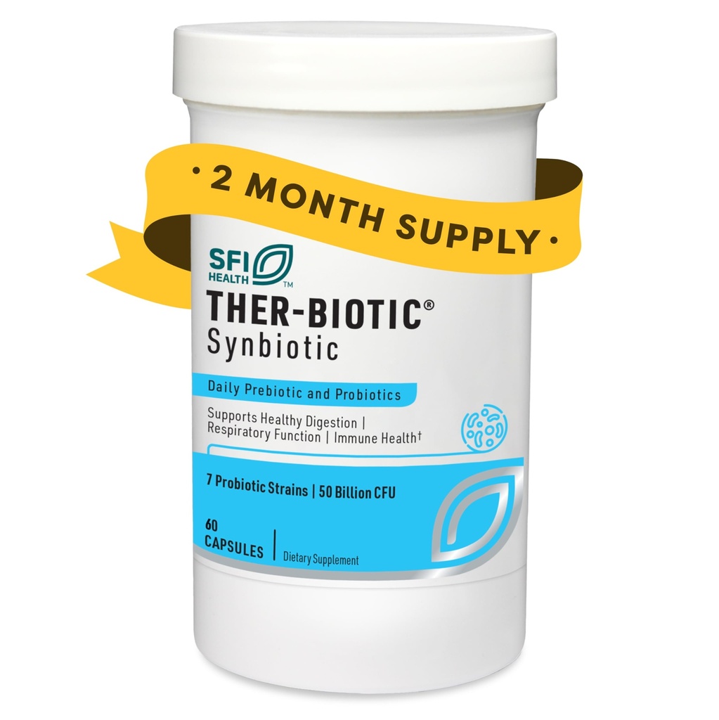 SFI Health Klaire Labs Ther-Biotic Synbiotic Prebiotics & Probiotics for Women & Men - Daily Probiotic with Low FODMAP Prebiotic - Gut, Immuun, Respiratory & Dispatible Health Support (60 Capsules)