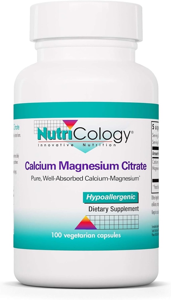 Nutricologie Calcium Magnesium Citroen Supplement - Bone Health, met Calcium Citroen, Pure, Well-Absorbed, Vegetarische Capsules - 100 Tellen
