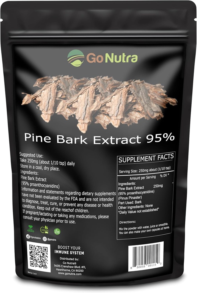 Go Nutra Pine Bark Extract Poeder Gestandaardiseerd 95% Proanthocyanidines Pine Bark Powder Potent Supplement 8oz. Pure Non-GMO Vegan
