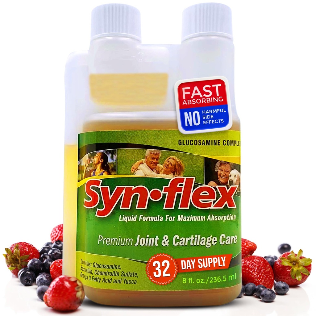 Synflex Liquid Glucosamine Original Formula - Chondroitin, Vitaminen, Mineralen - Drink Supplement voor mannen en vrouwen, helpt ondersteuning Joint & Cartilage Health - Berry Flavor, 32 dagen levering