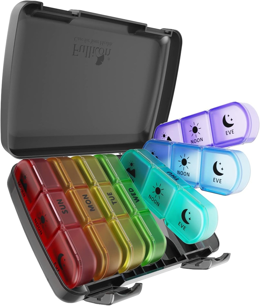 Pillen Organizer 3 keer per dag, Fullicon Large Weekly Pillen Case 7 Dag, Dagelijkse Pillen Box met 21 Compartiments, Pillen Dispenser Supplement houder voor pillen / Vitamine / Vissen Olie - Multi-gekleurd