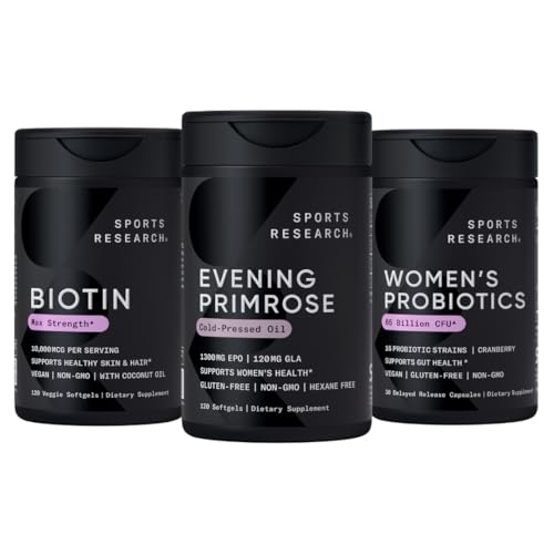 Sport Onderzoek Avond Primrose Supplement van Cold Pressed Oil, Vegan Biotin 10.000mcg met Coconut Oil & Women's Probiotica met Prebiotica, 65 miljard CFU