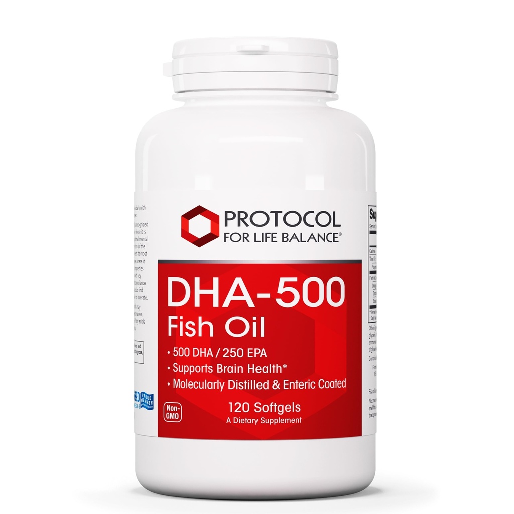 PROTOCOL VOOR LIFE BALANS DHA-500 - DHA 500mg & EPA 250mg - Fish Oil Supplement - Brain Health & Support - Easy Digestie - Non-GMO & Halal - 120 Softgels