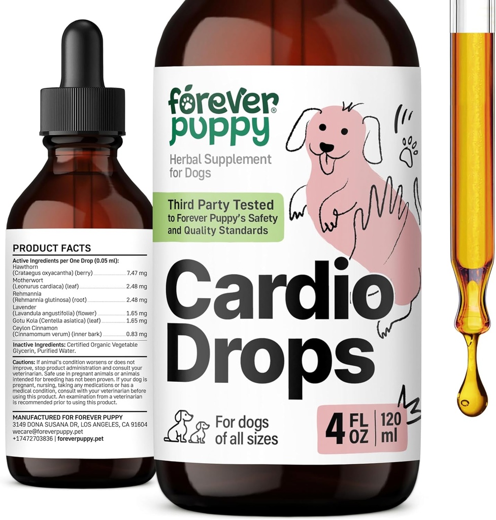 Forever Puppy Cardio Drops for Dogs - Heart Support for Dogs w/Hawthorn Berry & Motherwort Herb - Liquid Antioxidant Supplement w/Gotu Kola Leaves & Lavender Extract - 4 fl oz
