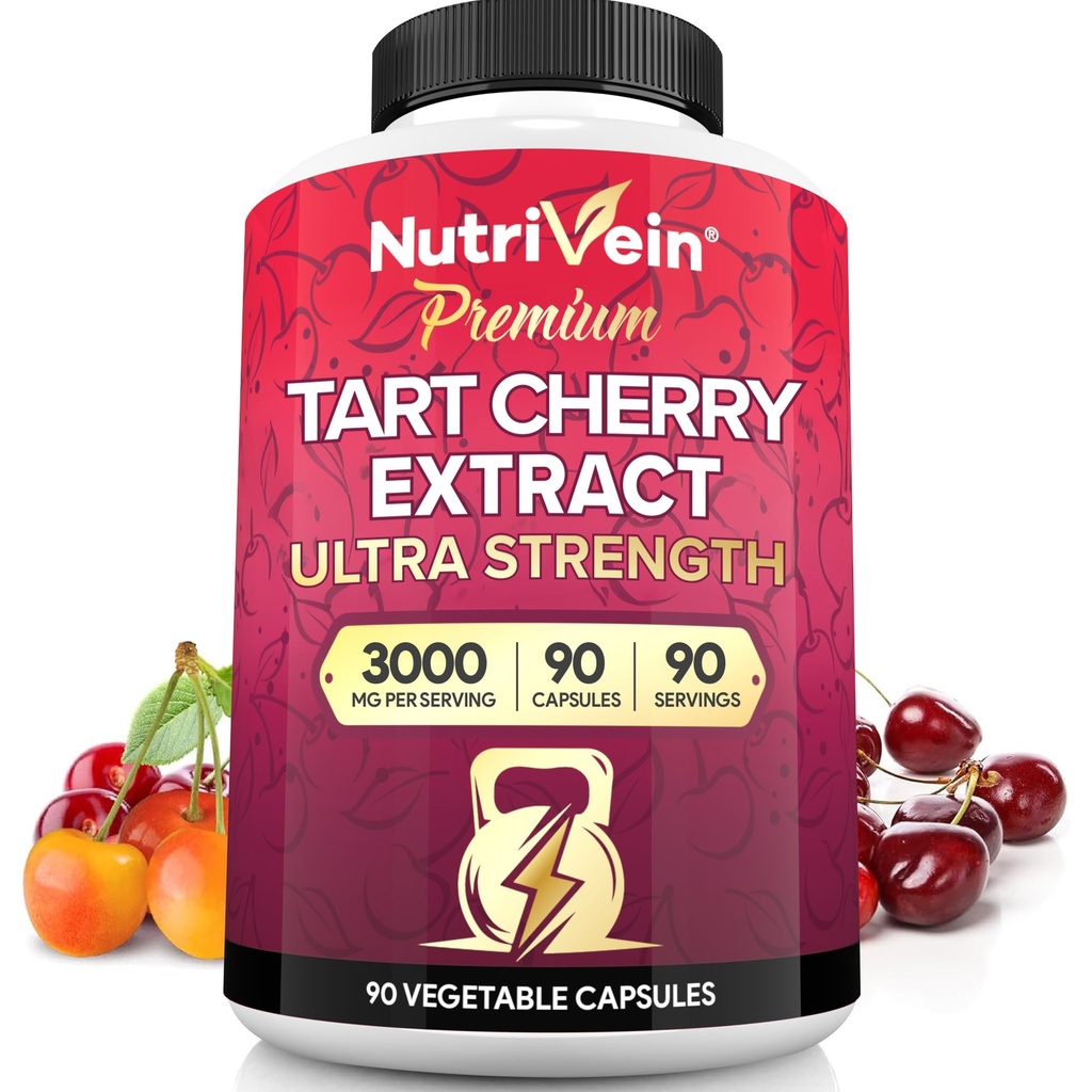 Nutrivein Premium Tart Cherry Capsules 3000mg: Supplément d'extrait de cerise pour la récupération post-athlétique, la désintoxication, le repos et la mobilité