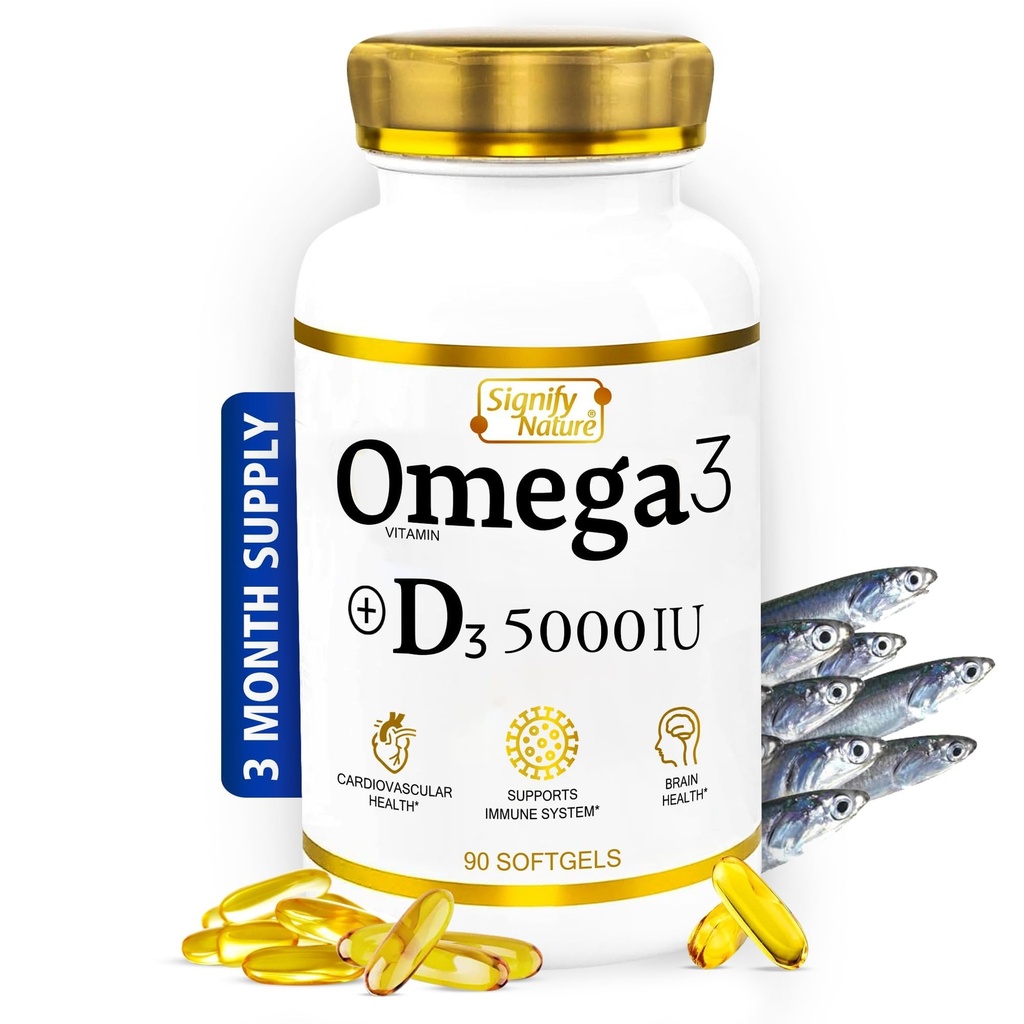 SIGNIFY NATUUR Omega 3 Fish Oil Supplement met vitamine D3 5000 IE - 1000 mg triglyceride Capsules for Brain Health - Omega3 EPA DHA + VIT D 3-90CT
