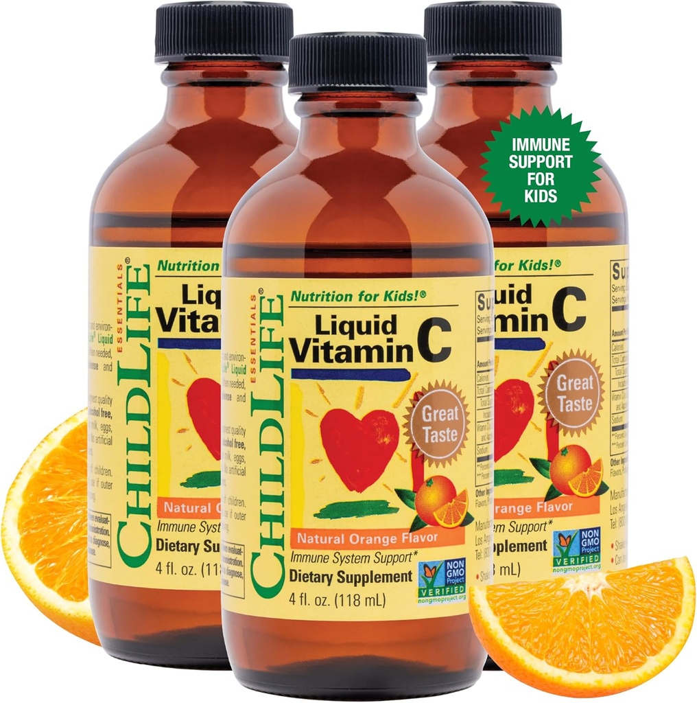 KINDLIFE ESSENTIËLES Vloeibare Vitamine C - Pure Vitamine C Liquid Supplement voor kinderen, Immuunsysteemondersteuning, Grote Smaak - Natuurlijk Oranje, 4 Fl Oz (pakket van 3)
