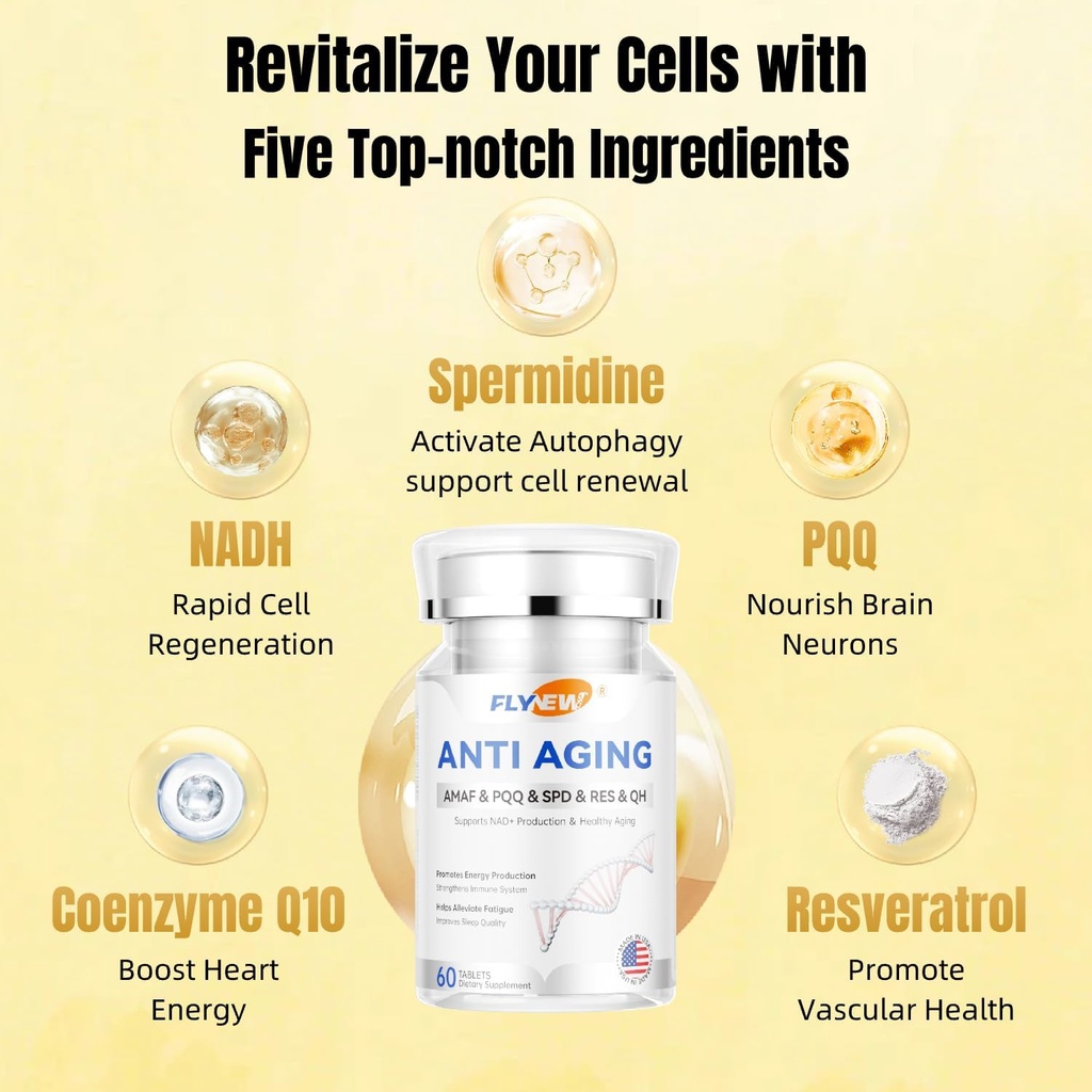 Anti-aging, Resveratrol,NADH& PQQ, gezond haar, huid en nagels, Cellular Health, Spermidine, Ubichinol, GMP, Made in USA 60 Capsules