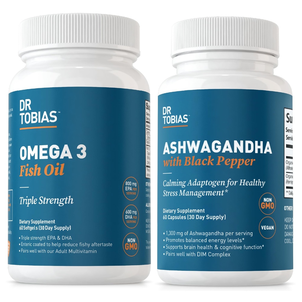 Dr. Tobias Omega 3 Visolie en Ashwagandha Capsules, Ondersteuning van de algehele Wellness & Balanced Energy & Resilience, Non-GMO