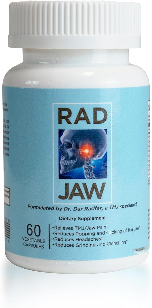 RAD JAW - TMJ Supplement voor vrouwen en mannen, Nutrient-based TMJ Relief, Jaw Discomfort Ondersteuning, Doelen Pijn, Popping, Klikken, Grinding, Clenching (Bruxisme) & andere symptomen, 60 plantaardige Capsules