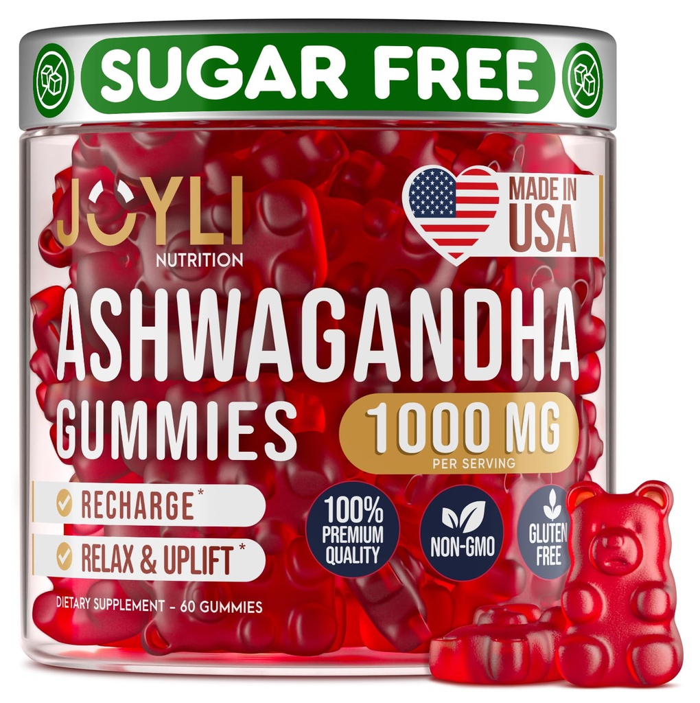 Gummies Ashwagandha pour les femmes et les hommes - Gummies naturelles calmes avec extrait de racine Ashwagandha vitamine C Zinc - supplément à base de plantes Ashwagandha pour l'équilibre de stress de sommeil - 60 légumes sans sucre