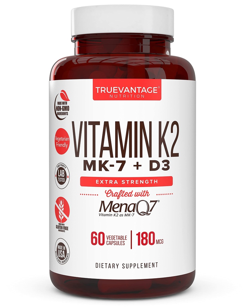 Vitamine K2 D3 Supplement 5000 IE D3 en 180 mcg Vitamine k2 MK7 Supplement voor gezonde botten, gezonde hart- en cardiovasculaire gezondheid-60 Eenvoudig doorslikken Plantaardige caps van MenaQ7 K2 MK7