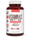 Vitamine K2 D3 Supplement 5000 IE D3 en 180 mcg Vitamine k2 MK7 Supplement voor gezonde botten, gezonde hart- en cardiovasculaire gezondheid-60 Eenvoudig doorslikken Plantaardige caps van MenaQ7 K2 MK7