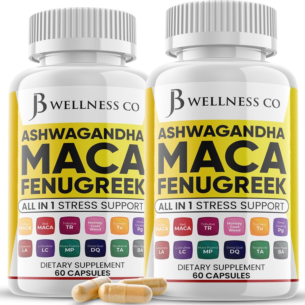 Ashwagandha Maca Root Fenegriek Supplement met Tongkat Ali Ginseng - Assists with Mood & Thyroid Health - Made in USA - 120 Count