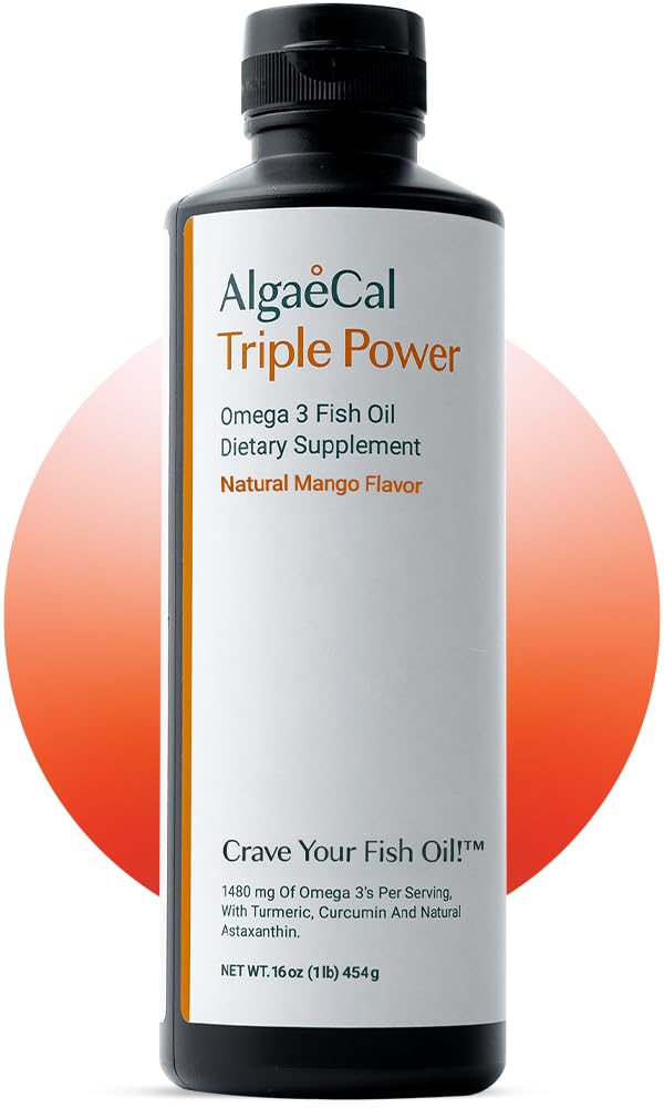 ALGAECAL Triple Power 1200mg EPA & DHA Omega 3 Fish Oil Supplement, ondersteunende hersenen, hart, huid en botten, vloeibare emulsie Mango smaak, Burp-Less, Sugar-Free, Made in USA