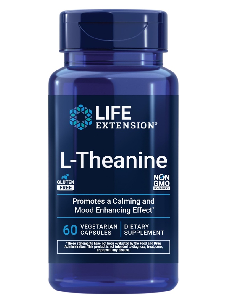 Levensverlenging L-Theanine, Aminozuur theanine, Kalm, Ontspannen, Mood, Glutenvrij, Non-GMO, Vegetarisch, 200 mg, 60 capsules