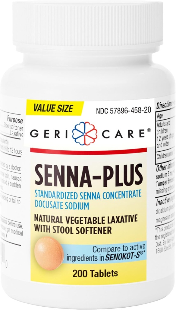 GeriCare Senna Plus Natural Laxative met Stool Softener, Docusate Sodium 50mg, Sennosides 8,6mg, 200 tabletten (verpakking van 1)