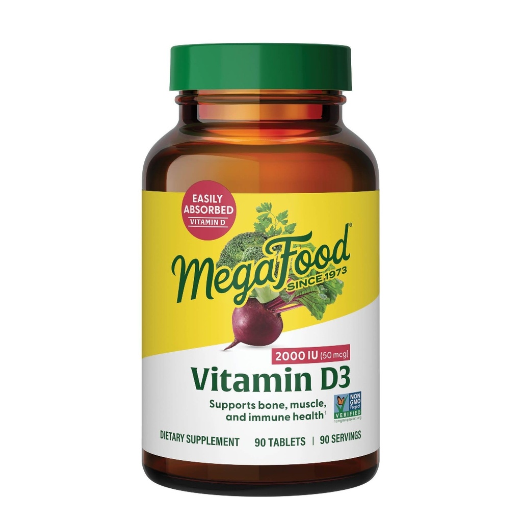 MegaFood Vitamine D3 2000 IE (50 mcg) - Vitamine D supplementen met echt voedsel, Immuun Ondersteuning, Ondersteunt Bones, Tanden & Spieren, Vegetarisch, Certified Non-GMO, Kosher 90 tabletten, 90 porties