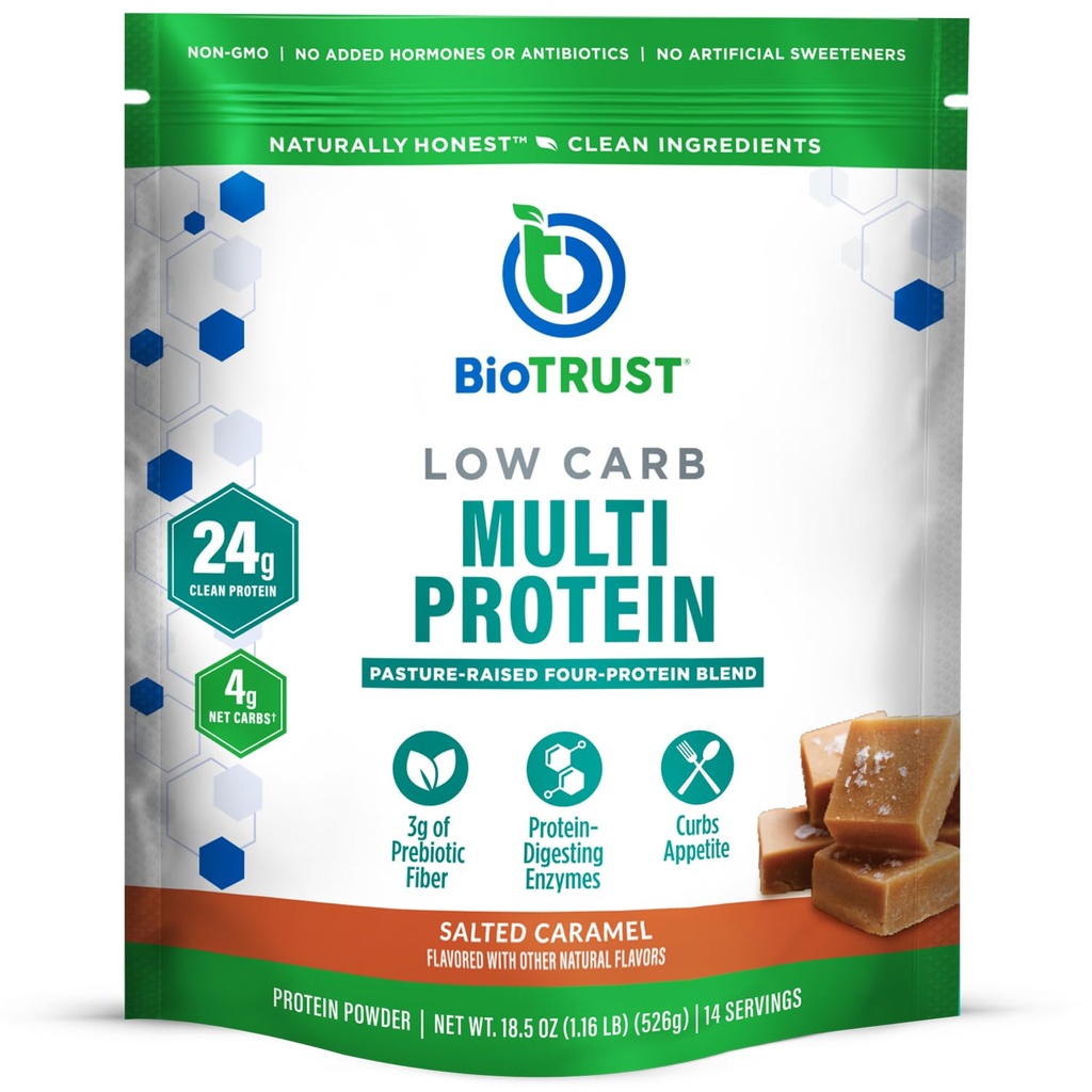 BioTrust Low Carb Protein Powder - Gezonde Geïsoleerde Wei Proteïne Poeder en Caseïne Blend van Grass-Fed, Pasture-Raised Cattle, Plus Decompensative Enzymes - Gezouten Karamel, 14 porties