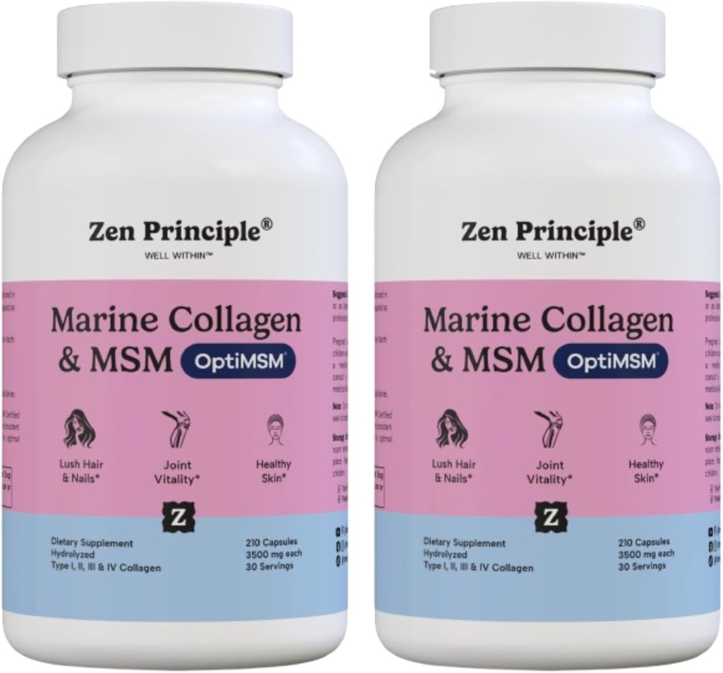 Zen Principe Marine Collageen Peptides Powder met OptiMSM® Supplement. Klinisch getest op huidondersteuning. Wild-Caught Fish, Non-GMO. 420 Capsules.