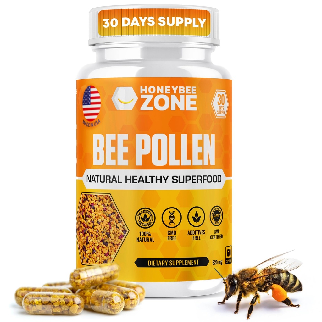 Bijenpollen Supplement 100% Natuurlijke Raw Bijenpollen in Veggie Caps Gefermenteerde Pollen Multivitamine, Probiotic Superfood, Vitale Proteïnes, Aminozuren, Immune Support &Energy 60 Pollen Capsules