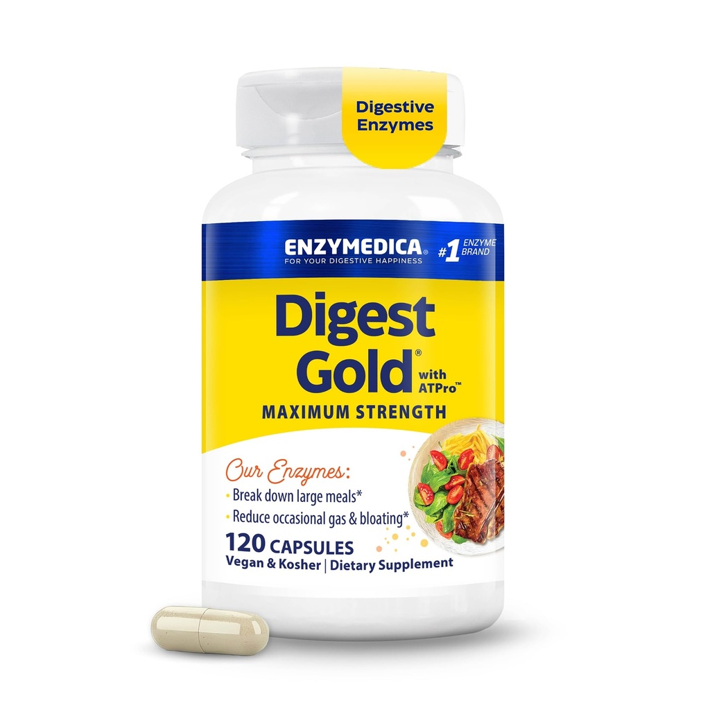 Enzymedica Digest Gold + ATPro, maximale sterkte spijsverteringsenzymen, helpt Digest Large Meals, voor gas en opgeblazen, 120 capsules