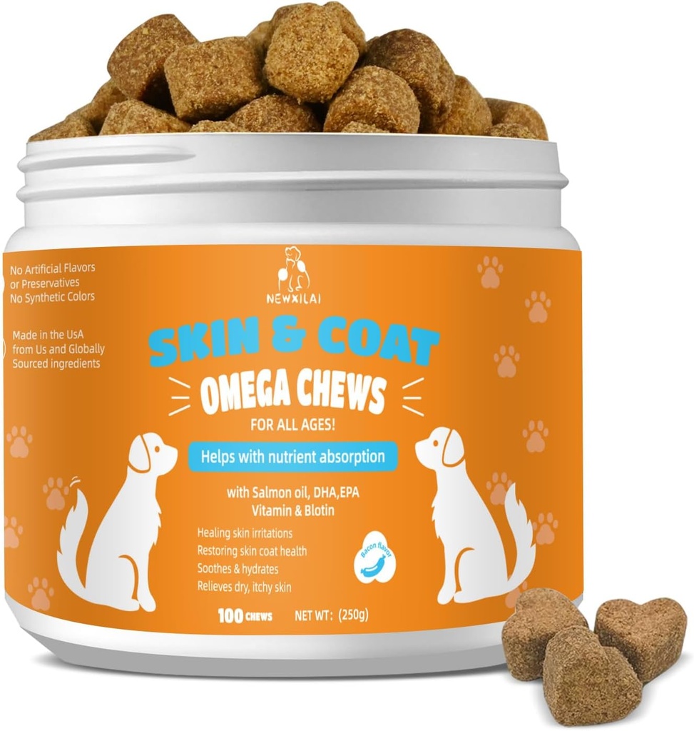 Huid en jas Kauwen voor honden - Itchy Skins Hondensupplement ondersteuning Hot spots Comfort en vergieten Allergie Gezamenlijke gezondheid met Omega 3 Visolie, EPA & DHA vetzuren, Bacon smaak 100 Tel zacht Treats