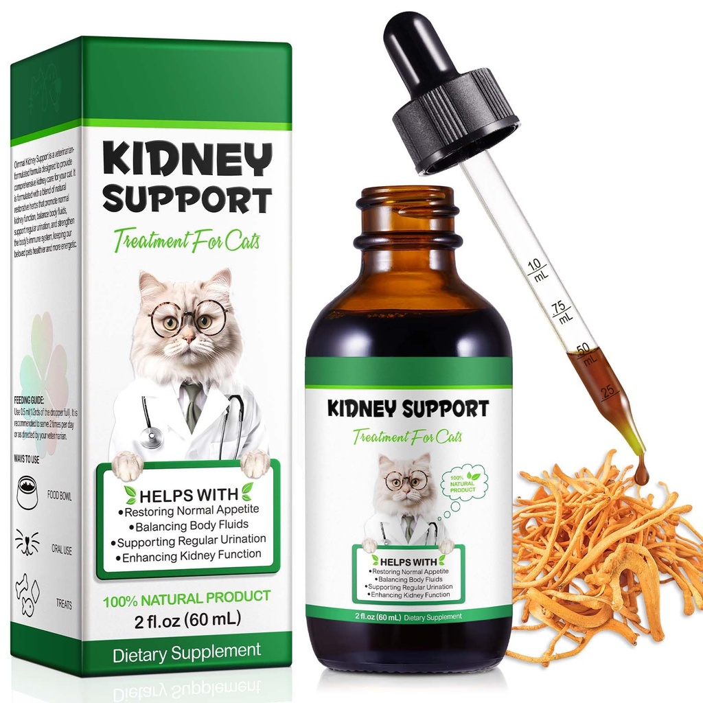 Nierondersteuning voor katten, Kat Nierbehandeling Ondersteuning Cat Urine regelmatig, versterken Nierfunctie, verhogen Immuniteit, Herbal Supplement Ondersteunt gezonde nierfunctie- 60ml/2fl.oz
