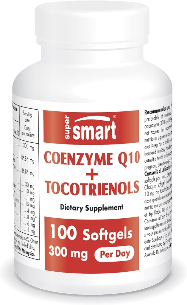 Supersmart - Co-enzym Q10 + Tocotrienolen 300 mg per dag (gepatenteerd en biologisch beschikbaar) - CoQ10-supplement met tocotrienolen - Palmolieextract