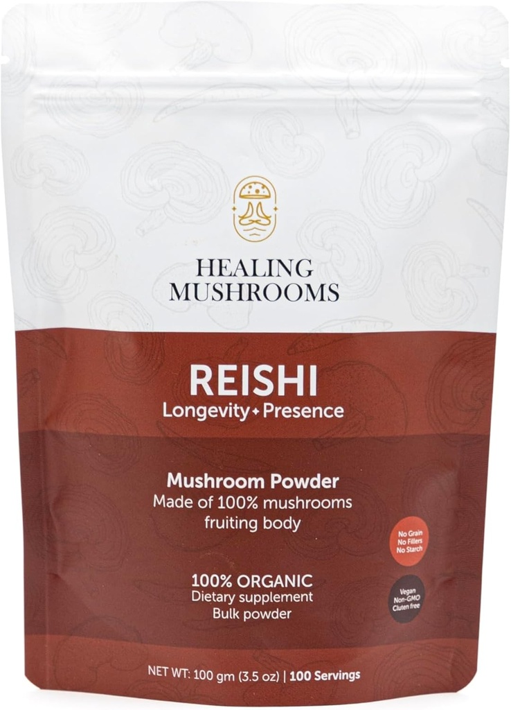 Reishi Pure Powder, Organic Mushroom Supplement voor Immune Support, Longevity, Mood, Sleep, No Fillers, Non-GMO