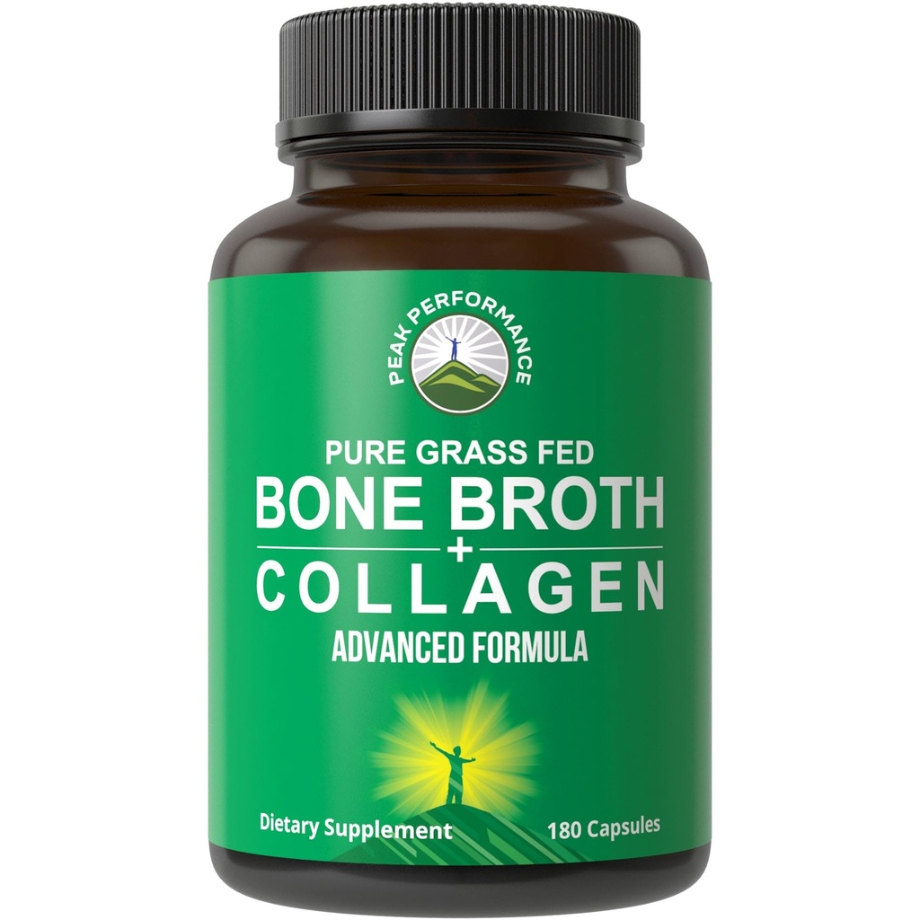 Peak Performance Bone Broth Collagen Capsules - 180 Pills of Grass Fed Bone Broth Collagen Protein Peptides - Contains All 3 Types 1, 2, and 3 - Pure Pasture Raised Paleo Friendly for Women & Men