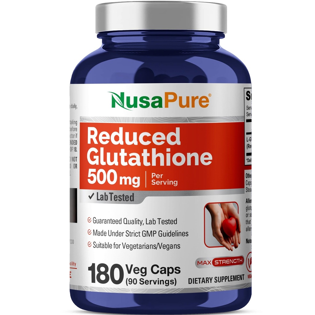 NusaPure Verminderde Glutathion 500mg 180 Veggie Capsules (Vegan,Non-GMO) L-Glutathione