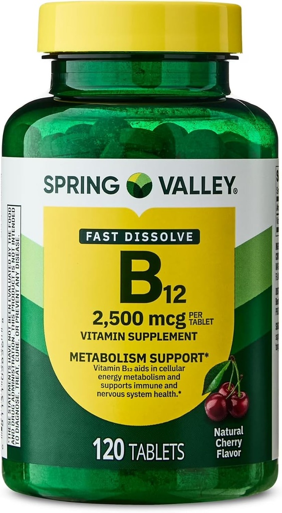 Spring Valley, Vitamine B12 2500 MCG, B12 Quick-dissolve Cherry Flavor Tablets Dieetsupplement, Vitamine B12, 120 Telling - New Look (Pack of 1)