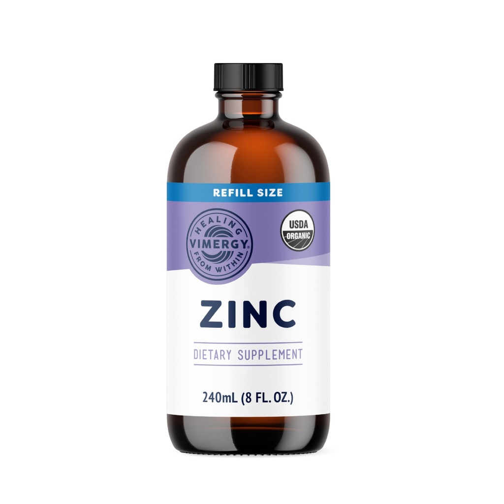 Vimergy Organic Zink Supplements for Women & Men (7.5mg Liquid Zink Per Serving) Fast-Absorbing Immune Support, Promoot gezonde botten & Skin, USDA Certified Organic, Vegan, Tot 120 Servings (240ml)