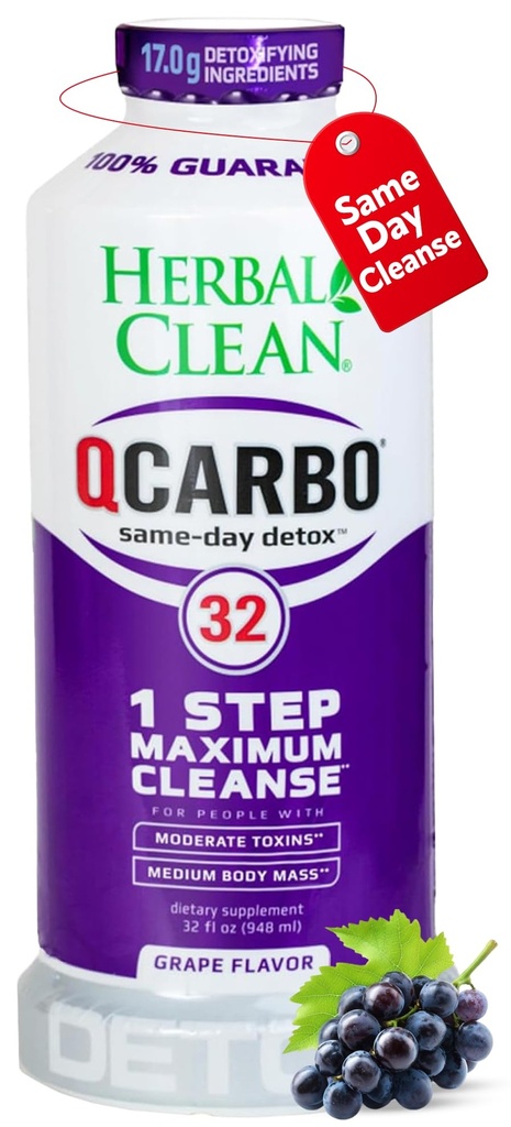 Herbal Clean Qcarbo32 Same Day Detox Cleanse Drink (32 fl oz) - Grape Flavor Full Body Cleanse* Detox Drink for high Texin Level*, Vitamine B2 et Vitamine B12 pour les hommes et les femmes
