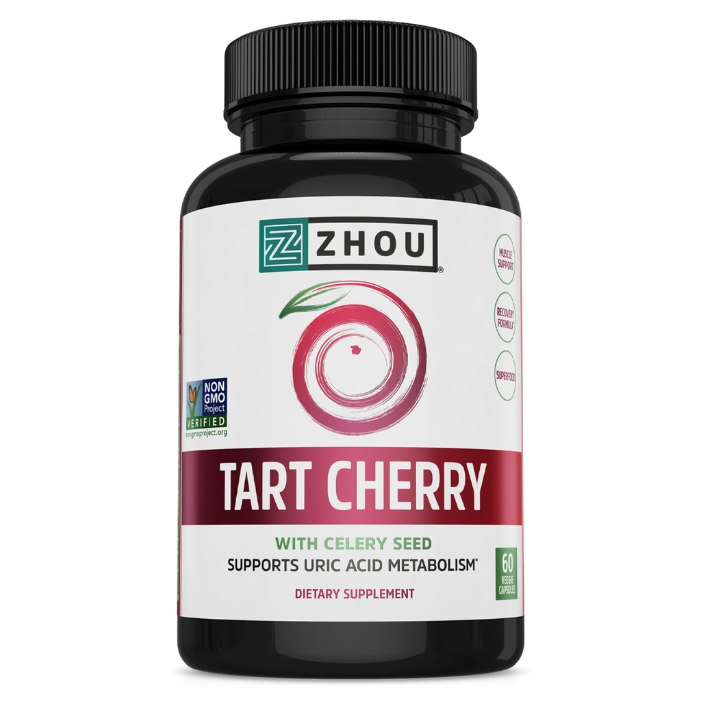 Zhou Tart Cherry Extract + Selderij Zaad - Tart Cherry Capsules voor mannen & Women, Tart Cherry Concentrate Pillen voor Slaap & Uric Acid Cleanse, 1000mg per pil - 60 Veggie Capsules (verpakking van 1)