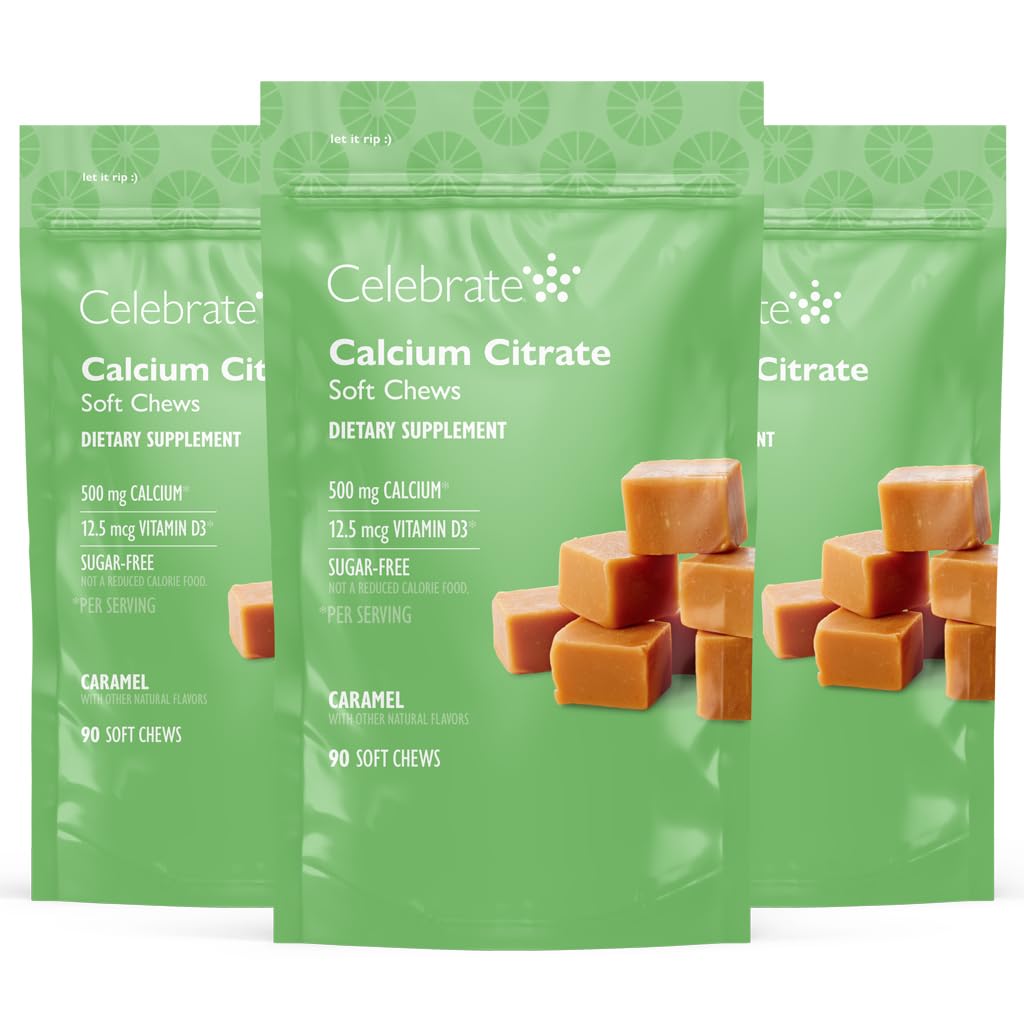 Célébrez les vitamines bariatriques 500mg Citrate de calcium avec 500 UI de vitamine D3 – essentiel pour les patients de passage gastrique et santé des os - sans sucre et sans gluten, caramel (270 Chews)