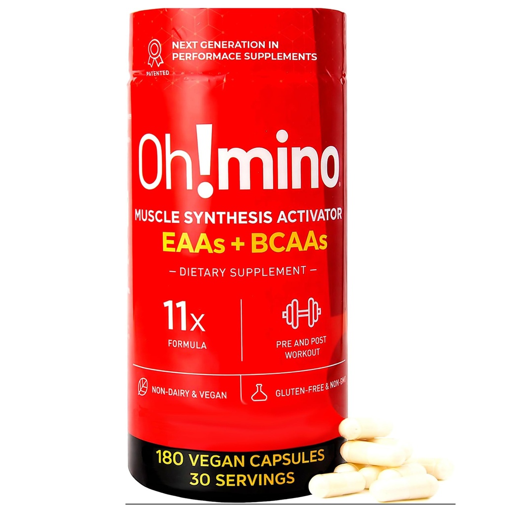 Oh!mino Essential Amino Acids Supplement. Capsules met cafeïne. Alle 9 EAA's, BCAA's en de perfecte Amino voor workouts, Amino Energy, en om spieren te bouwen en sneller te herstellen.