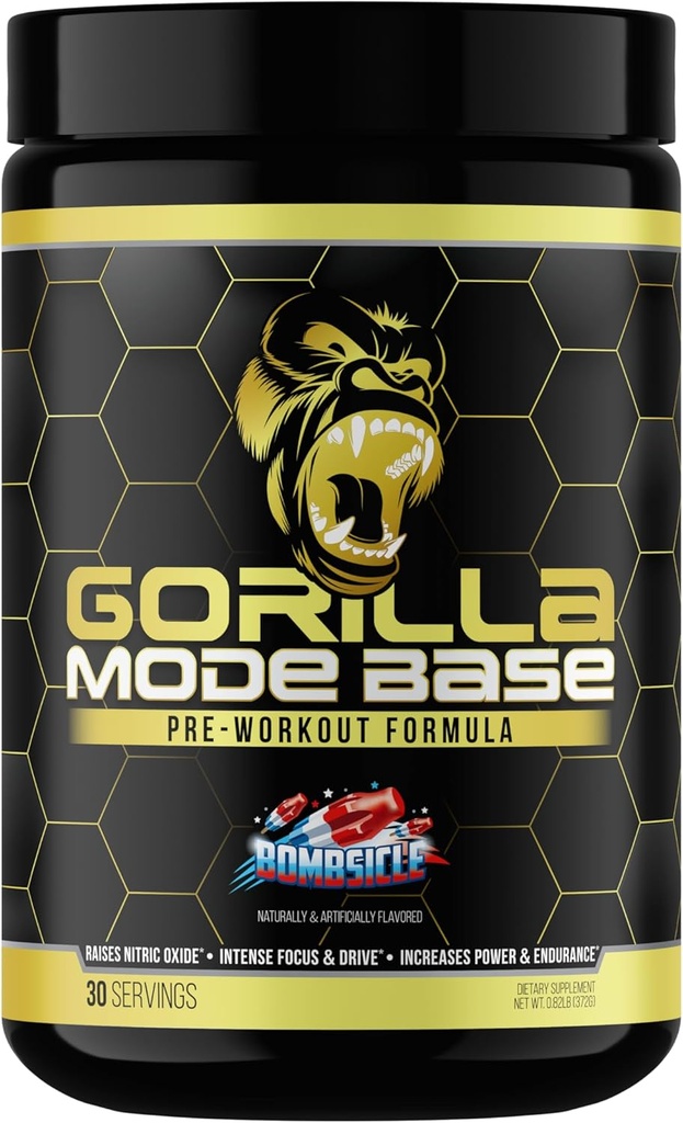 Gorilla Mind Base Pre workout - Verhoogt Nitric Oxide Intense Focus & Drive Endurance Power - L-Citrulline, L-tyrosine, Betaine, Alpha-GPC, Cafeïne, Huperzine A - 360 Gram (Bombsicle)