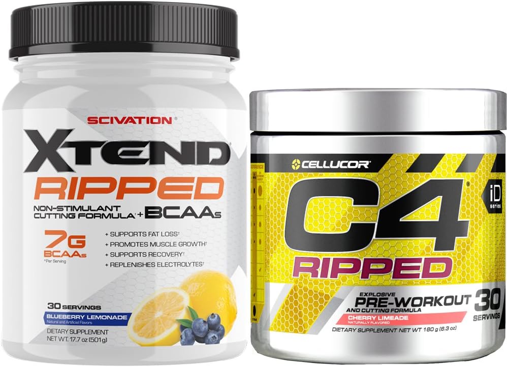 Cellucor C4 Ripped Pre Workout Powder + Fat Burner, Cherry Limeade, 30 porties + Scivation Xtend Riped BCAA Powder, Blueberry Limonade, 30 porties