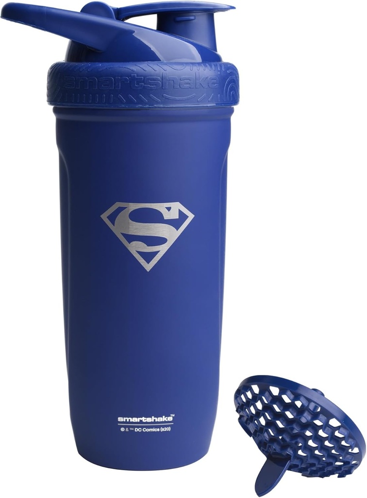 Smartshake DC COMICS Reforcez la bouteille de shaker en acier inoxydable 900 ml 30 oz - Vis étanche - sans BPA – Unisexe - Non isolé - Superman Logo