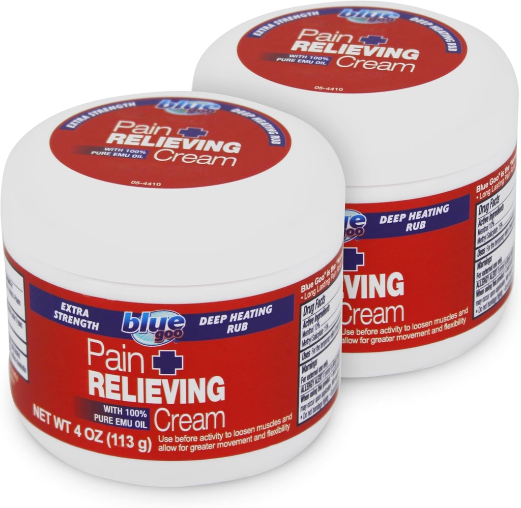 Blue Goo Maximale sterkte pijn Relieving Cream - Deep Heating Rub voor rug / nek, Sport spier / gewrichts, verstuikt, Bursitis, Strains - 2 verpakkingen van 4 oz, gemaakt met 100% pure Emu olie