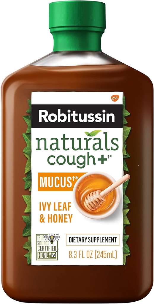 Robitussin Naturals Honey and Ivy Leaf Dietary Supplement soulage la toux occasionnelle associée à la corvée, à la gorge sèche et aux irritants, 8,3 oz