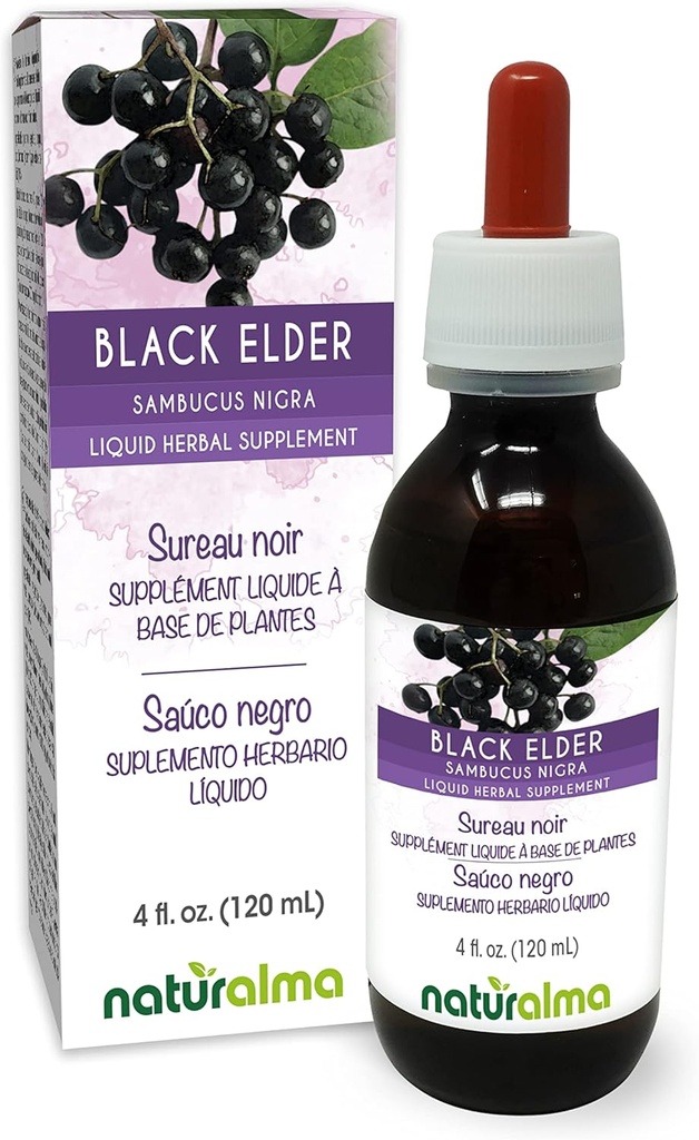 Naturalma Black Elder (Sambucus nigra) Bloem (Vlierbloesem) en Fruit (Vlierbes) Alcoholvrije Tinctuur - 4 fl oz Liquid Extract in druppels - Kruidensupplement - Veganistisch