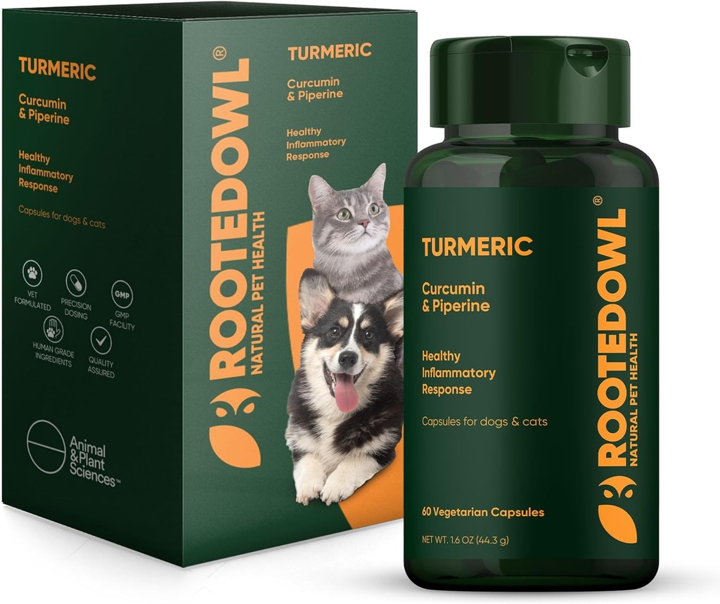 Gewortelde uil Kurkuma - Kurkuma supplement voor honden en katten - met Curcumine, Piperine en vitamine C voor anti-inflammatoire verlichting - 60/ct